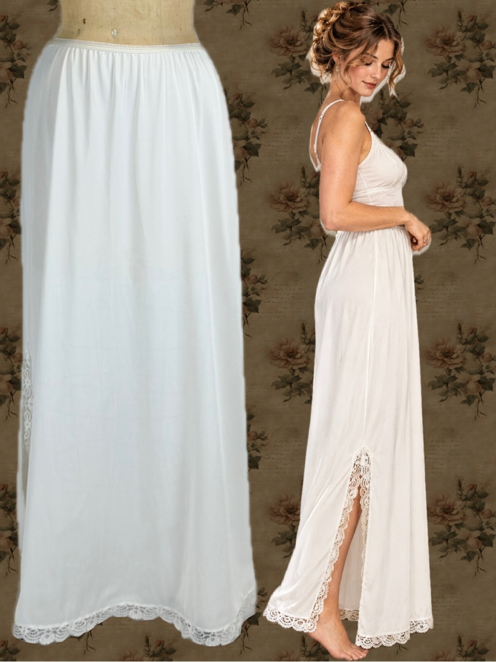 VINTAGE 80s Shadowline dress skirt slip long maxi lace trim white nylon lingerie